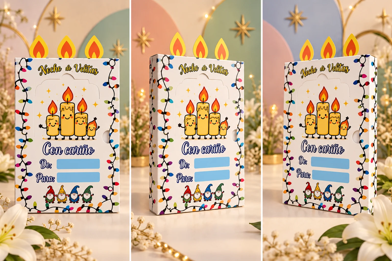 Caja blanca de la colección María · Estrella de Esperanza, vista de frente y ambos laterales con decoración pastel
