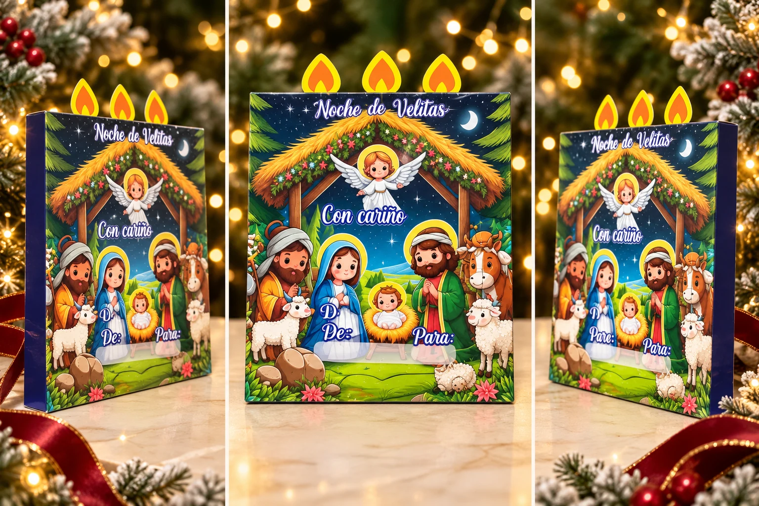 Caja con diseño del pesebre, vista de frente y ambos laterales en un ambiente navideño