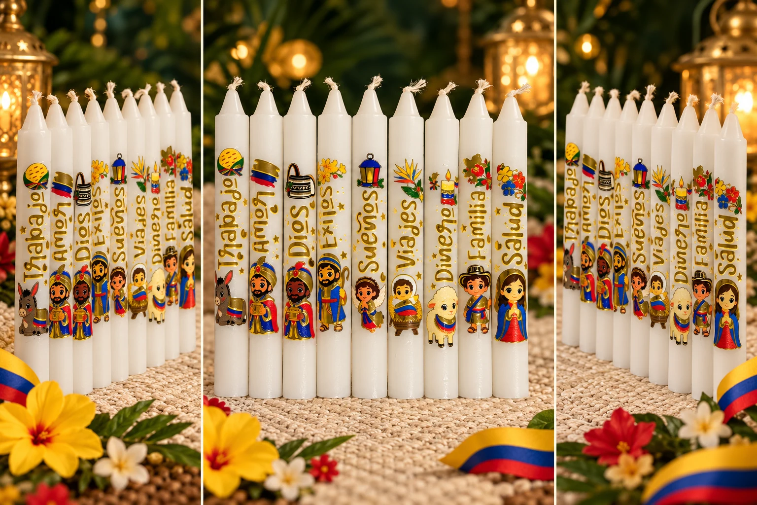 Colombia · Luz de Tradición: nueve velitas en vistas de izquierda, frente y derecha